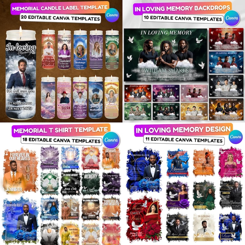 May include: A collection of memorial templates for Canva, including candle labels, backdrops, t-shirts, and designs. The templates feature photos, text, and decorative elements for remembrance. The image includes text such as "In Loving Memory" and names.