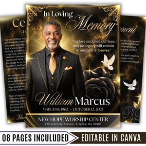 Può includere: Un modello di programma funebre con il ritratto di un uomo in abito nero e cravatta dorata, che include il testo In Loving Memory, William Marcus, March 18, 1962 – October 12, 2025, e New Hope Worship Center, 725 Serenity Avenue, Atlanta, GA 30310.