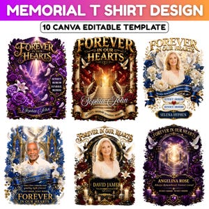 May include: A collection of six digital memorial t-shirt designs featuring the text Forever In Our Hearts. The graphics include purple and red roses, golden gates, stairways, white doves, and placeholders for names, dates, and photographs.