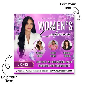 May include: A promotional poster for a Women's Conference, featuring a woman in a white blazer and three other women in circles. The poster is purple and white with the text "WOMEN'S Conference". It includes the text "Join us for an unforgettable day of inspiration and empowerment!"
