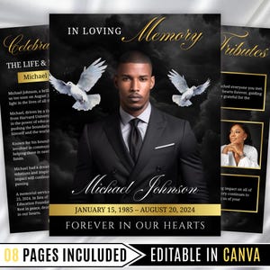 May include: A memorial service template with a black and gold design. The central image features a man in a suit, with doves and the text "In Loving Memory." The text includes the name "Michael Johnson" and dates.
