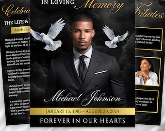 08 Pages Black Funeral Program Template, Bi-Fold Funeral Program, Obituary Celebration Of Life Program, Digital Download