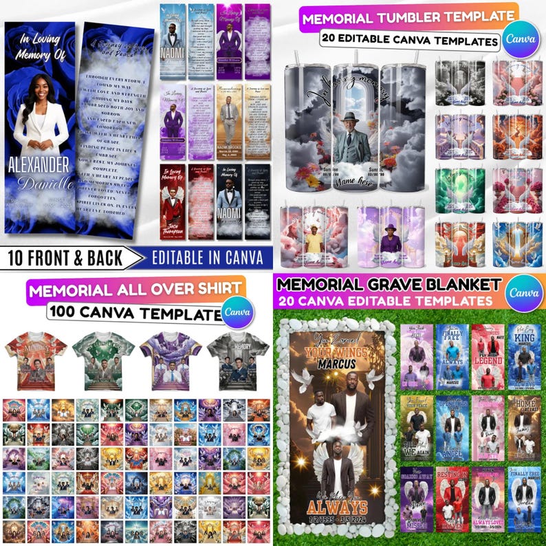 May include: A collection of memorial templates, including bookmarks, tumblers, all-over shirts, and grave blankets. The designs feature photos, text, and floral or cloud backgrounds. Text includes "In Loving Memory Of", names, and dates. The templates are editable in Canva.