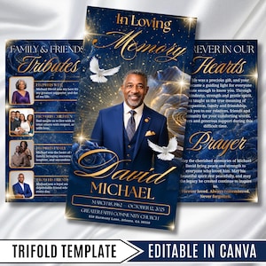 May include: A funeral programme trifold template featuring a deep blue background with gold text, floral accents, and two white doves. The centre panel displays a portrait of a man in a blue suit, with the name David Michael and dates March 18, 1962 – October 12, 2025.