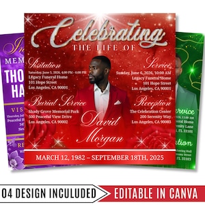 May include: A memorial announcement with a red background and the text "Celebrating the Life Of David Morgan." The announcement includes details for visitation, service, burial, and reception. The design includes a photo of a man in a red suit.