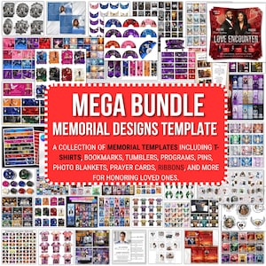 Peut inclure: Un ensemble de modèles de conception commémorative, comprenant des t-shirts, des marque-pages, des gobelets, des programmes, des épingles, des couvertures photo, des cartes de prière et des rubans. Le texte "MEGA BUNDLE MEMORIAL DESIGNS TEMPLATE" est affiché.