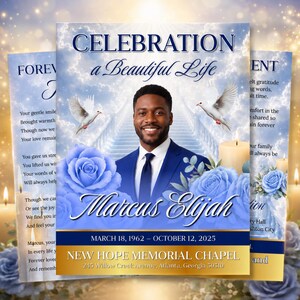 Puede incluir: Un programa conmemorativo con el retrato de un hombre en traje azul, rodeado de rosas azules, palomas blancas y un fondo de escalera al cielo. El texto incluye CELEBRATION a Beautiful Life, Marcus Elijah, fechas y New Hope Memorial Chapel.