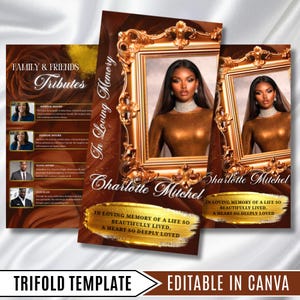 May include: A trifold memorial template with a brown and gold color scheme. The design includes a portrait in a gold frame, the name "Charlotte Mitchel", and the text "In Loving Memory of a Life So Beautifully Lived, A Heart So Deeply Loved."