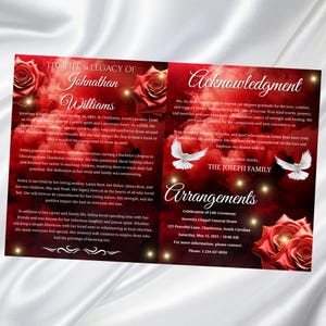 May include: A memorial service program with a red and white design. The left panel features text about the life of Johnathan Williams, with red roses and a smoky background. The right panel includes acknowledgements, doves, and service details.