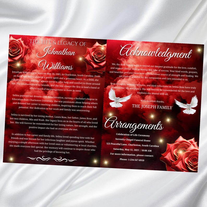 May include: A memorial service program with a red and white design. The left panel features text about the life of Johnathan Williams, with red roses and a smoky background. The right panel includes acknowledgements, doves, and service details.