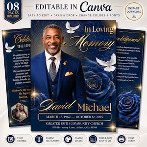 08 Pages Royal Blue Funeral Program Template, Bi-Fold (8.5x11 in) Memorial Booklet, In Loving Memory, Obituary Celebration Of Life Program