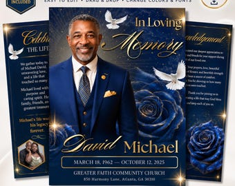 08 Pages Royal Blue Funeral Program Template, Bi-Fold (8.5x11 in) Memorial Booklet, In Loving Memory, Obituary Celebration Of Life Program