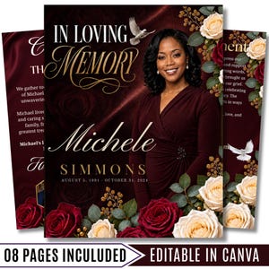 Pode incluir: Um modelo de programa funerário com o texto IN LOVING MEMORY, o nome Michele Simmons e as datas 5 de agosto de 1991 - 31 de outubro de 2024. O design inclui um retrato, pombas brancas e rosas vermelho-escuras e creme num fundo escuro.