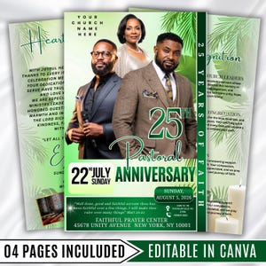 May include: A digital flyer template for a 25th pastoral anniversary celebration featuring three people, green palm leaf accents, and text including 25th Pastoral Anniversary, 22nd July Sunday, August 5, 2026, and Faithful Prayer Center, 45678 Unity Avenue, New York, NY 10001.