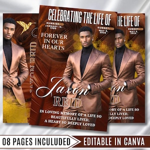 Peut inclure: Un modèle de programme funéraire avec le portrait d'une personne en costume bronze et col roulé noir. Le texte indique CELEBRATING THE LIFE OF, Jaxon REID, SUNRISE: JANUARY 15, 1980, SUNSET: MAY 5, 2025, FOREVER IN OUR HEARTS et 08 PAGES INCLUDED.