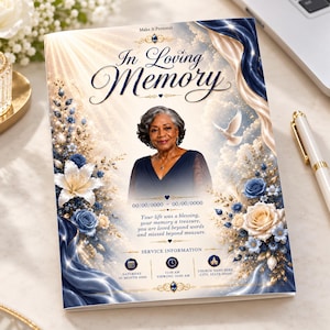 May include: A funeral program featuring the text In Loving Memory, a portrait of an older woman, and blue and cream floral accents. The design includes a white dove, draped blue fabric, and placeholders for dates and service information.