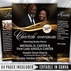 Può includere: Un invito di anniversario della chiesa nero e oro con una foto di una coppia. L'invito include il testo "30° Anniversario" e i dettagli dell'evento, tra cui data, ora e luogo.
