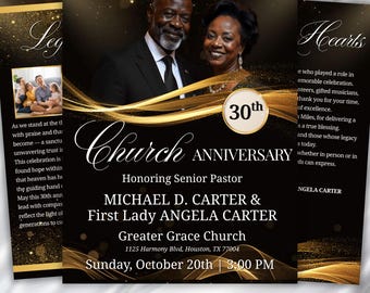 May include: A black and gold church anniversary invitation featuring a photo of a couple. The invitation includes the text "30th Anniversary" and details for the event, including the date, time, and location.