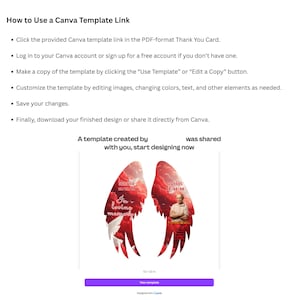 May include: A Canva template link guide with instructions. The image shows a template with red and white angel wings, a photo, and the text "In loving memory." The template is 10 x 10 inches.