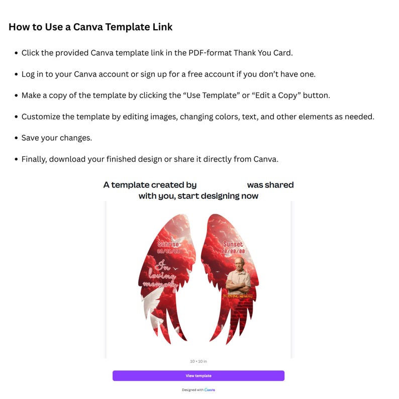 May include: A Canva template link guide with instructions. The image shows a template with red and white angel wings, a photo, and the text "In loving memory." The template is 10 x 10 inches.