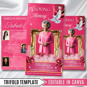 May include: A pink funeral program trifold template featuring the text In Loving Memory, a portrait of a person in a gold frame, white doves, and red roses. The design includes sections for tributes, photos, and the name Christina Rose with dates.