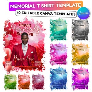 Könnte beinhalten: Eine Vorlage für Gedenk-T-Shirts mit dem Text "MEMORIAL T SHIRT TEMPLATE" und "10 EDITABLE CANVA TEMPLATES". Das Design enthält ein Foto einer Person in einem roten Anzug mit den Worten "Happy Heavenly Birthday" und "Name here".