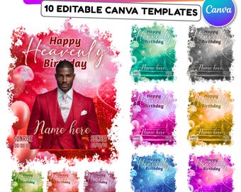 May include: A template for memorial t-shirts with the text "MEMORIAL T SHIRT TEMPLATE" and "10 EDITABLE CANVA TEMPLATES". The design includes a photo of a person in a red suit, with the words "Happy Heavenly Birthday" and "Name here".