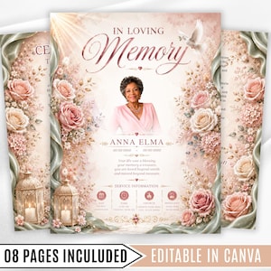 May include: A funeral programme template featuring a portrait of a person in a pink dress, surrounded by soft pink roses, green fabric drapes, and gold lanterns. The text reads In Loving Memory, Anna Elma, and includes service information details.