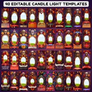 May include: A collection of 40 editable candle light templates with oval frames, skulls, and floral decorations. The templates feature names and text in various fonts and colors, set against a dark purple background.
