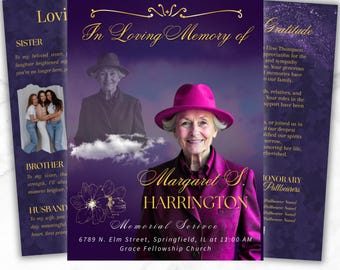 May include: A memorial service announcement with a purple and gold design. The announcement includes a photo of a woman wearing a pink hat and jacket. Text includes the name Margaret S. Harrington, service details, and the phrase "In Loving Memory of."