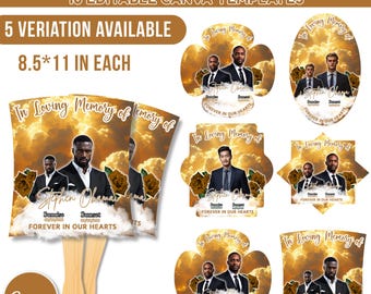 May include: Memorial paddle fan templates with various designs. The fans feature the text "In Loving Memory of" and include images of people, roses, and clouds. The templates are 8.5 x 11 inches and available in 5 variations.