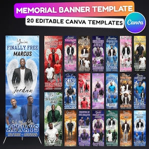May include: A set of 20 memorial banner templates, each with a different design. The banners include photos, text, and dates, with phrases such as "Finally Free" and "Resting in Glory." The top banner reads "Memorial Banner Template" and "20 Editable Canva Templates."