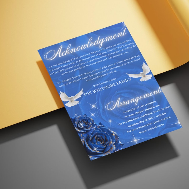 May include: A blue memorial announcement with the text "Acknowledgment" and "Arrangements". The design includes blue roses, white doves, and text. The announcement is for a Celebration of Life Ceremony.