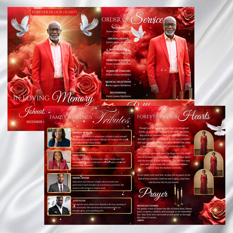 May include: A memorial service program in red and white. The design features a man in a red suit, doves, roses, and text. Text includes "Forever in Our Hearts," "In Loving Memory," and "Order of Service." The program is for a memorial.
