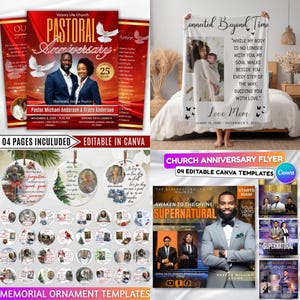 May include: A collection of templates for church events and memorial ornaments. The image includes a flyer for a pastoral anniversary, a blanket with a photo and text, and memorial ornament templates. The flyer is red with photos of a couple.