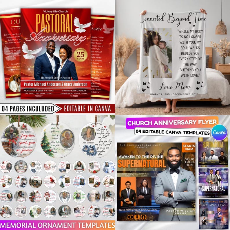May include: A collection of templates for church events and memorial ornaments. The image includes a flyer for a pastoral anniversary, a blanket with a photo and text, and memorial ornament templates. The flyer is red with photos of a couple.