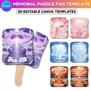 May include: Memorial paddle fan templates with various designs. The fans feature phrases like "In Loving Memory" and "Forever in Our Hearts," with space for personalization. The designs include images of stairways to the sky and sunset scenes.