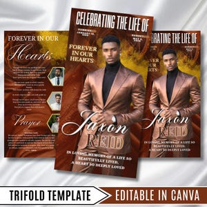 Könnte beinhalten: Ein dreifach gefaltetes Trauerprogramm-Template in Braun- und Goldtönen. Auf der Titelseite befindet sich ein Foto eines Mannes in einem braunen Anzug mit dem Text "Celebrating the Life of Jaxon Reid". Der Innenteil enthält Text und Fotos.