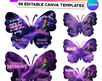 06 Plantilla de pin de mariposa conmemorativa editable, morada en memoria amorosa Plantilla de pin de mariposa, plantilla conmemorativa de Canva, recuerdo