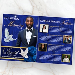 May include: A memorial tribute card with a blue floral background. The card features a portrait of a man in a suit and bow tie, with text that reads "In Loving Memory" and "David Johnson, December 12th, 1986 - April 20th, 2025."