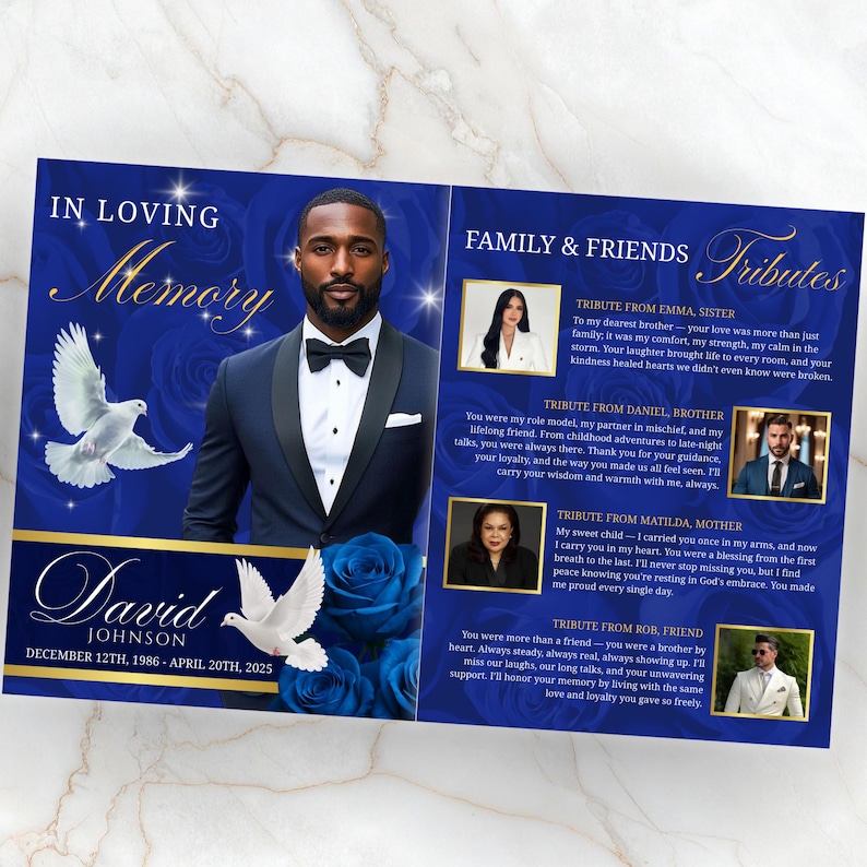 May include: A memorial tribute card with a blue floral background. The card features a portrait of a man in a suit and bow tie, with text that reads "In Loving Memory" and "David Johnson, December 12th, 1986 - April 20th, 2025."