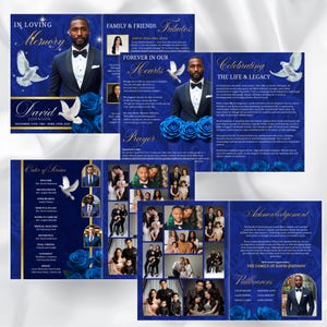 May include: A memorial program with a navy blue background, featuring a portrait of a man in a tuxedo. The program includes text such as "In Loving Memory" and "Forever in Our Hearts," along with images of doves and roses.