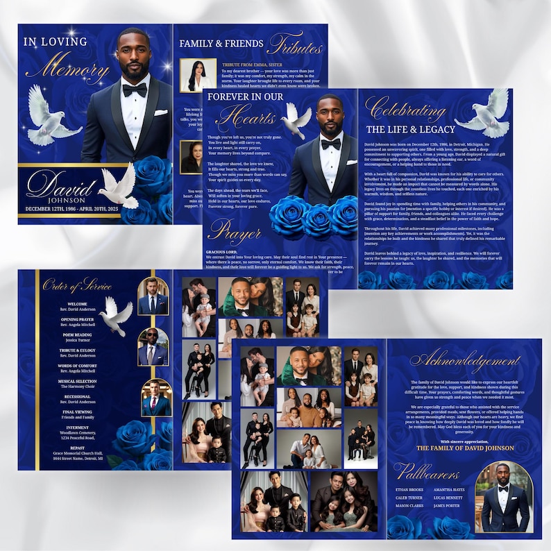 May include: A memorial program with a navy blue background, featuring a portrait of a man in a tuxedo. The program includes text such as "In Loving Memory" and "Forever in Our Hearts," along with images of doves and roses.
