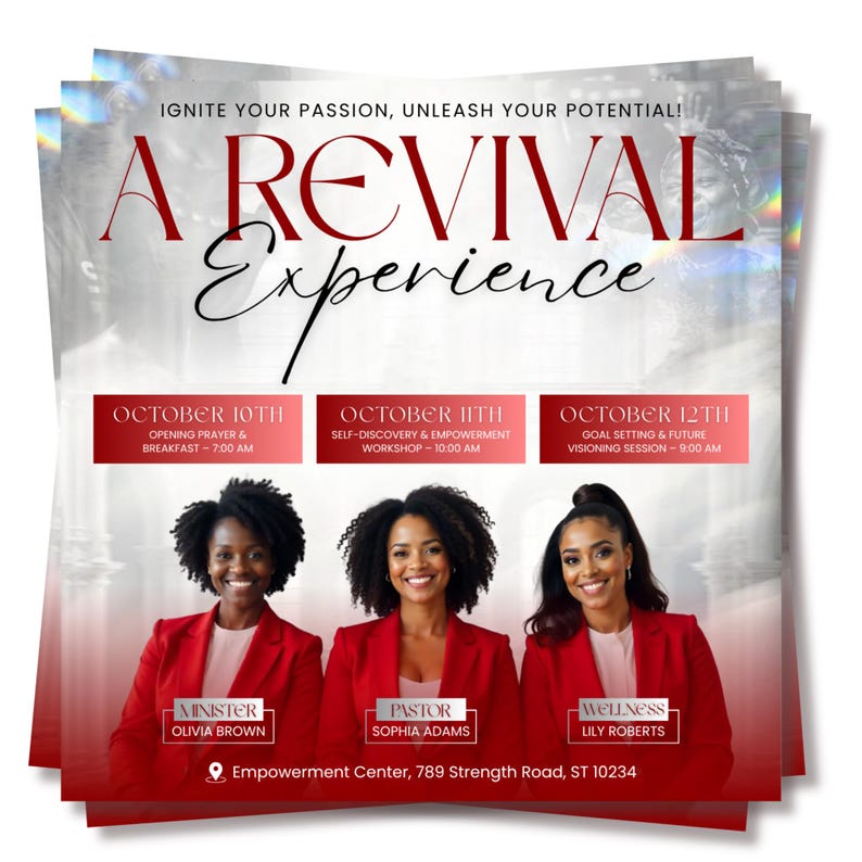 May include: A stack of promotional flyers for "A Revival Experience." The top flyer features the event title in red script, with three women in red blazers below. Event details include dates, times, and speakers: Olivia Brown, Sophia Adams, and Lily Roberts.