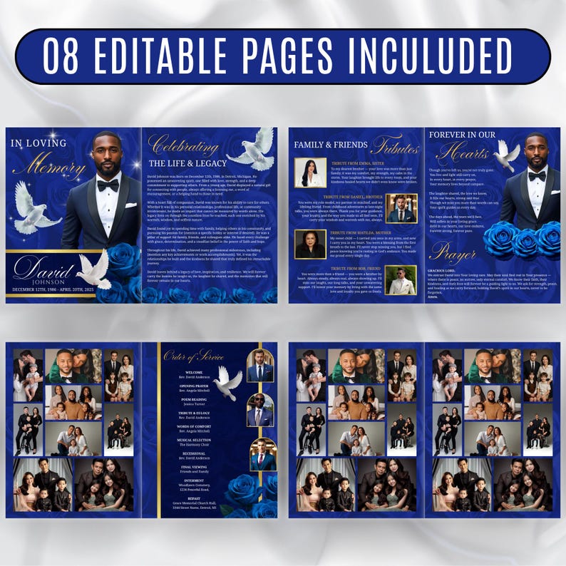 May include: A memorial program with a navy blue and gold design. The program includes photos, text, and the words "In Loving Memory", "Celebrating The Life & Legacy", "Family & Friends", and "Forever in Our Hearts". The program has 8 editable pages.