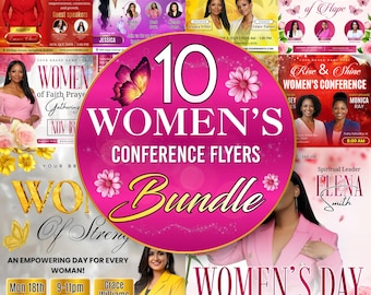 May include: A bundle of ten women's conference flyers. The flyers feature various designs with images of women, floral accents, and event details. The central flyer is pink with the text "10 Women's Conference Flyers Bundle."