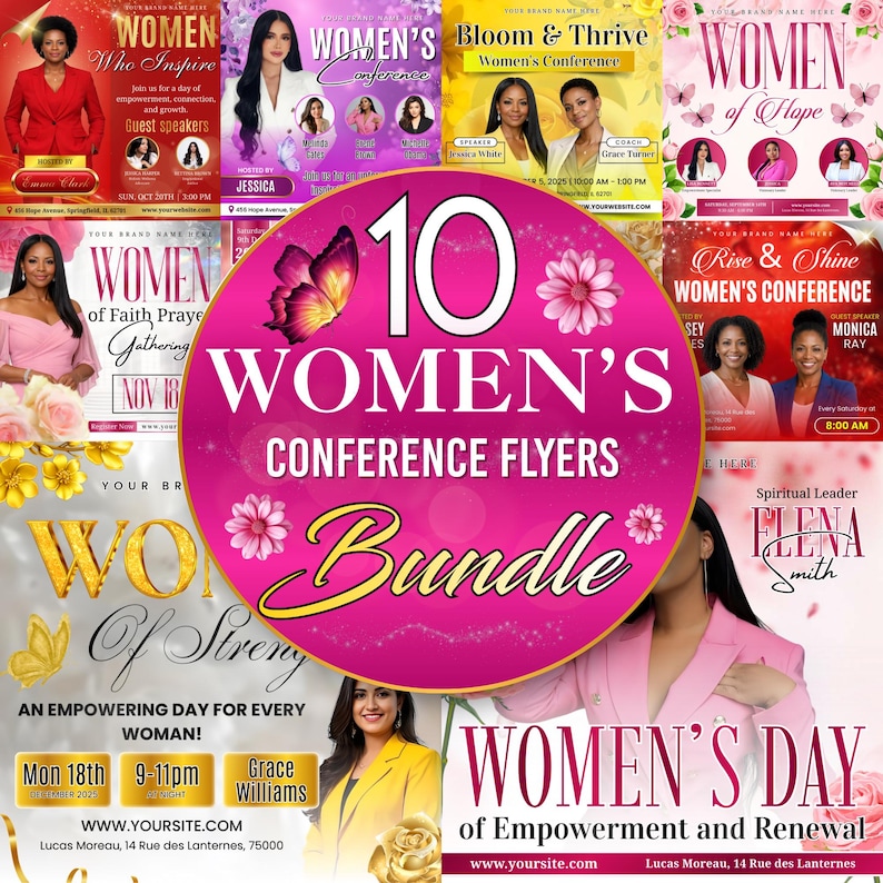May include: A bundle of ten women's conference flyers. The flyers feature various designs with images of women, floral accents, and event details. The central flyer is pink with the text "10 Women's Conference Flyers Bundle."