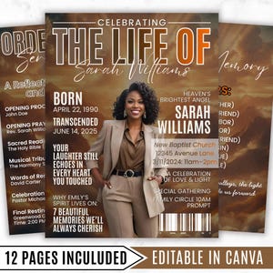 Peut inclure: Une conception de couverture de programme commémoratif avec le texte "Célébrant la vie de Sarah Williams". La couverture présente une photo d'une femme et comprend les détails de l'événement, les dates et la phrase "12 pages incluses."
