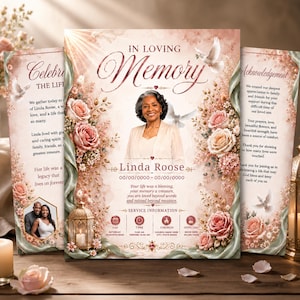 May include: A funeral program template featuring a portrait of a woman named Linda Roose, surrounded by pink roses, white doves, and a lantern. The text includes In Loving Memory, service information, and an acknowledgement section on a soft peach background.
