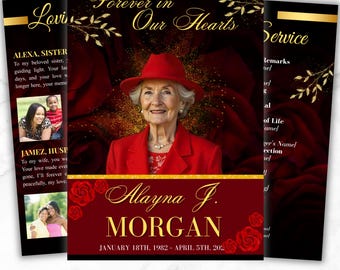 May include: A memorial service program with a portrait of a woman in a red hat and jacket. The text reads "Forever in Our Hearts" and includes the name "Alayna J. Morgan" and dates. The words "08 Pages Included" and "Editable in Canva" are also visible.